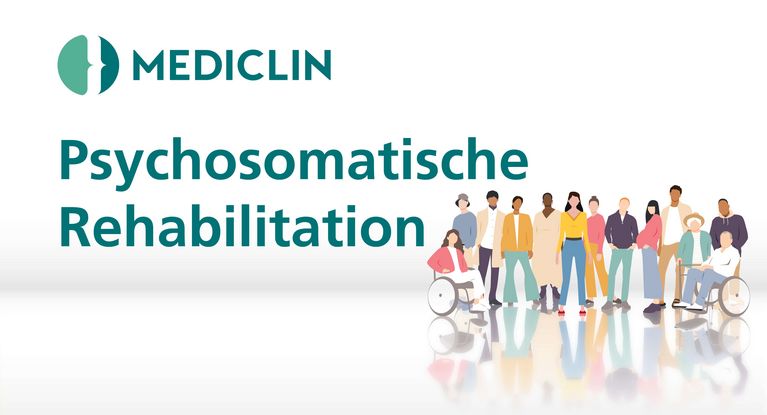 Viele unterschiedliche Menschen - Schriftzug: Psychosomatische Reha - Illustration